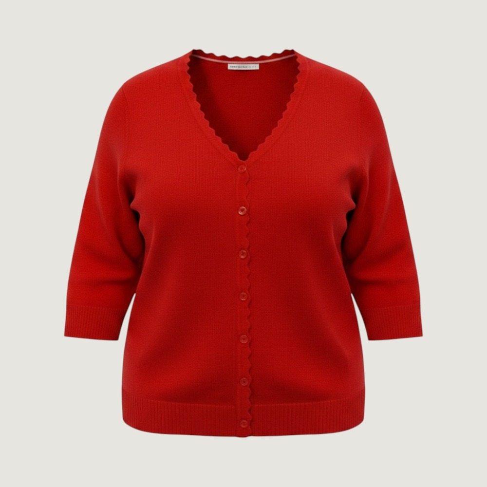 NWT Isaac Mizrahi Large Women Red Scalloped V-Neck 3/4 Sleeve Cardigan Sweater